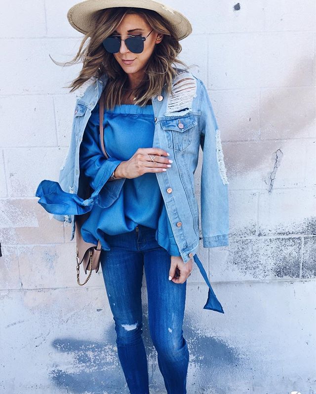 jean jacket, denim, off the shoulder top, mirrored sunglasses, hat