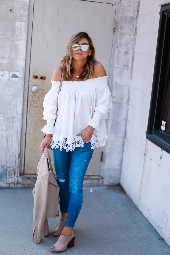 blush, spring, jacket, crochet top, off the shoulder, denim, crossbody bag