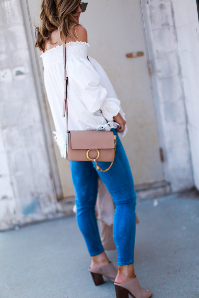 blush, spring, jacket, crochet top, off the shoulder, denim, crossbody bag