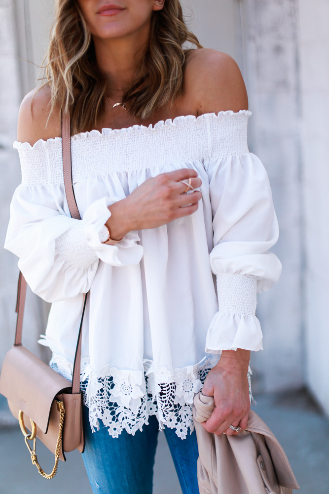  spring, crochet top, off the shoulder, denim, crossbody bag