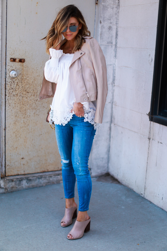 blush, spring, jacket, crochet top, off the shoulder, denim, crossbody bag