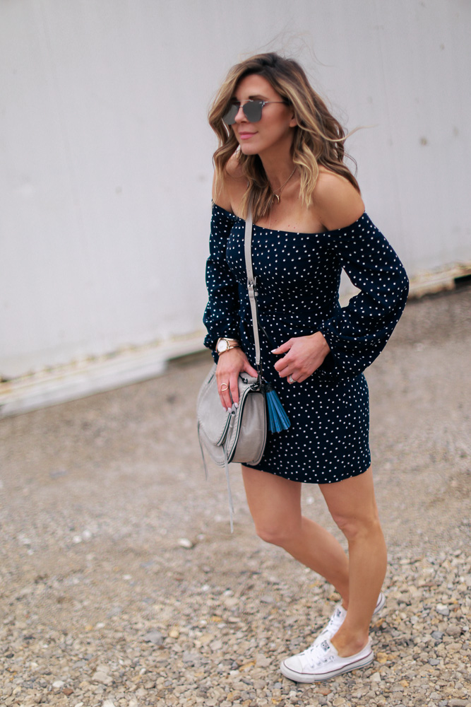 off the shoulder, polka dot dress, wavy hair, ombre hair