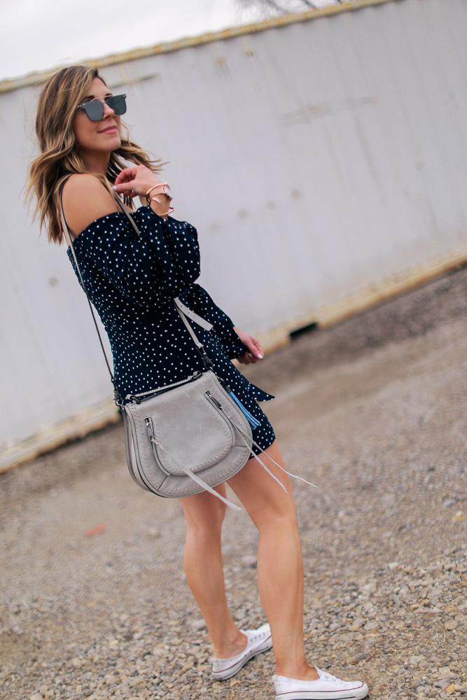 polka dot dress, crossbody bag