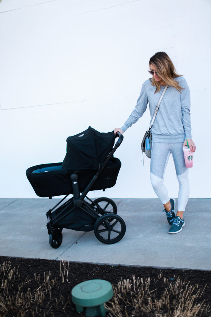 sneakers, grey, leggings, stroller, all birds, tassel, athleisure, crossbody bag