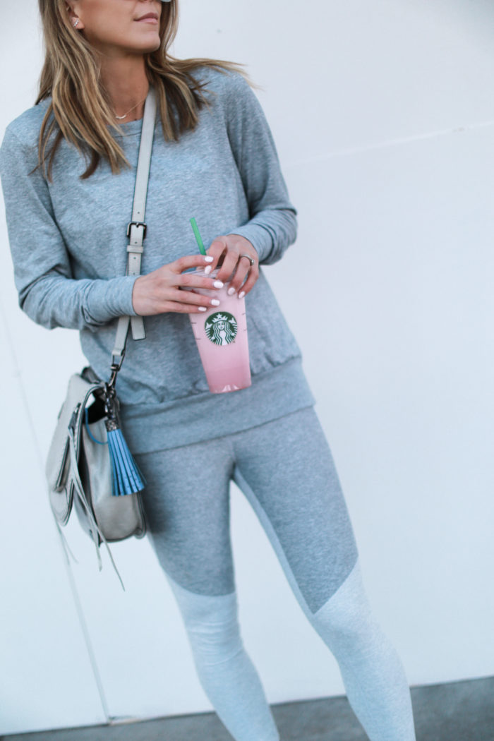 sneakers, grey, leggings, starbucks, all birds, tassel, athleisure, crossbody