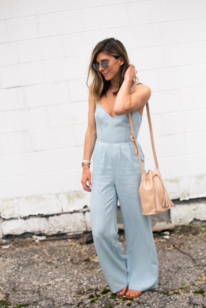 jumpsuit, chambray, bucket bag