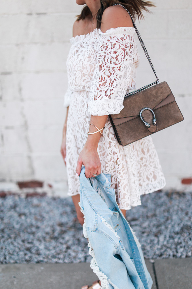 lace, white dress, lace dress, mirrored sunglasses, off the shoulder, leather watch, birkenstocks, denim jacket