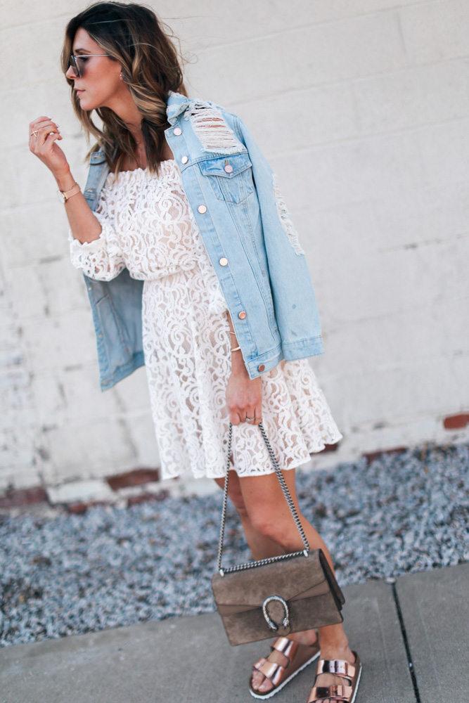 lace, white dress, lace dress, mirrored sunglasses, off the shoulder, leather watch, birkenstocks, denim jacket