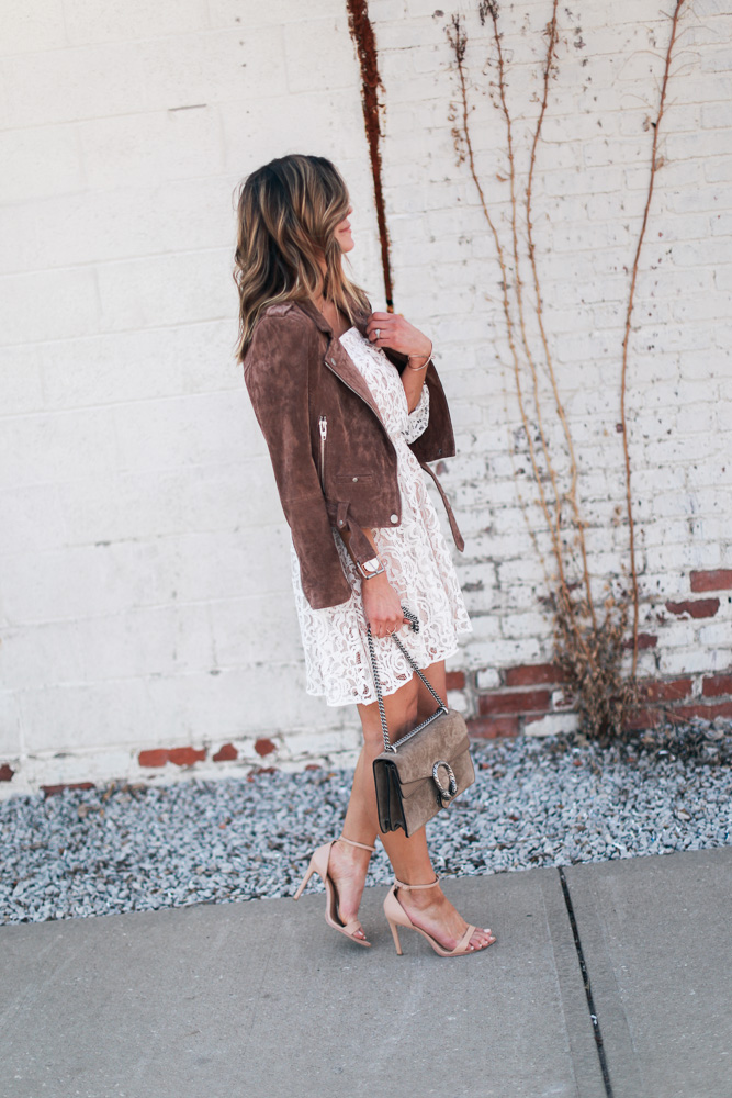 lace, white dress, lace dress, mirrored sunglasses, off the shoulder, leather watch, steve madden shoes, suede jacket