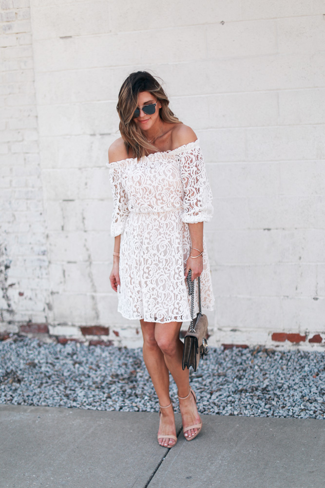 lace, white dress, lace dress, mirrored sunglasses, off the shoulder