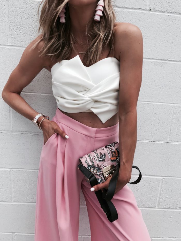 statement earrings, high waisted trousers, crop top, furla handbag, fashion blogger, baublebar