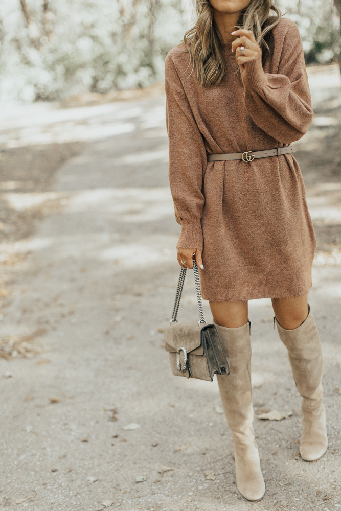 Gray sweater dress with tan suede OTK. boots.