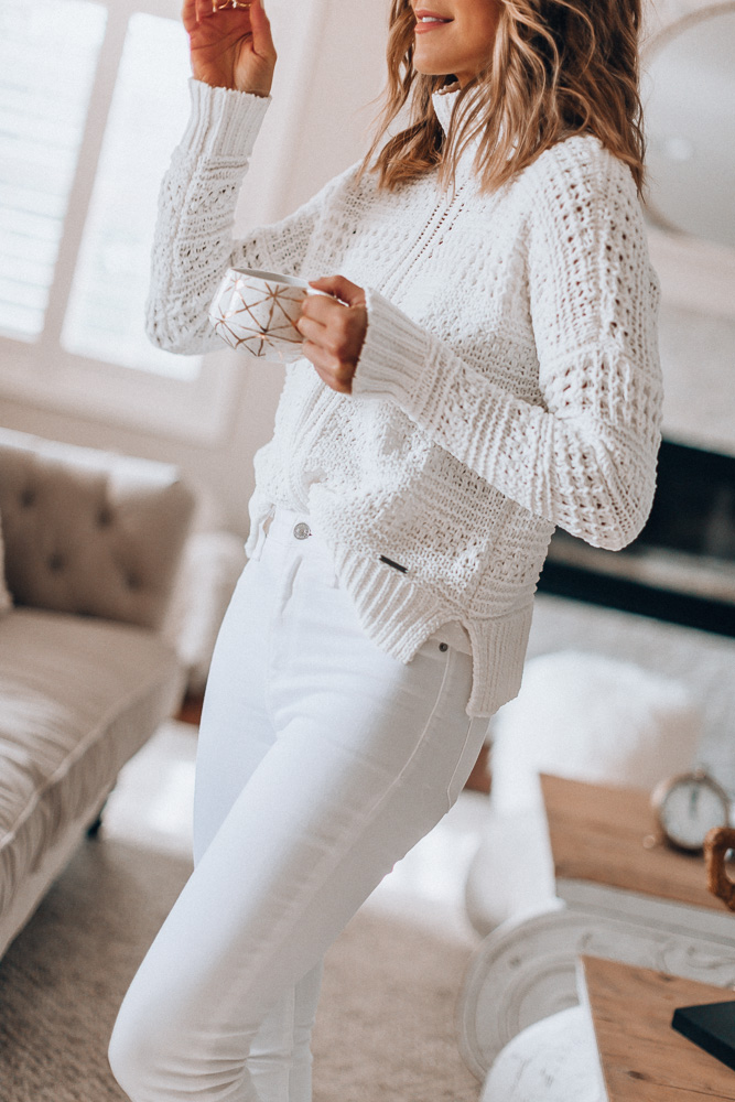 White jeans and on sale sweater